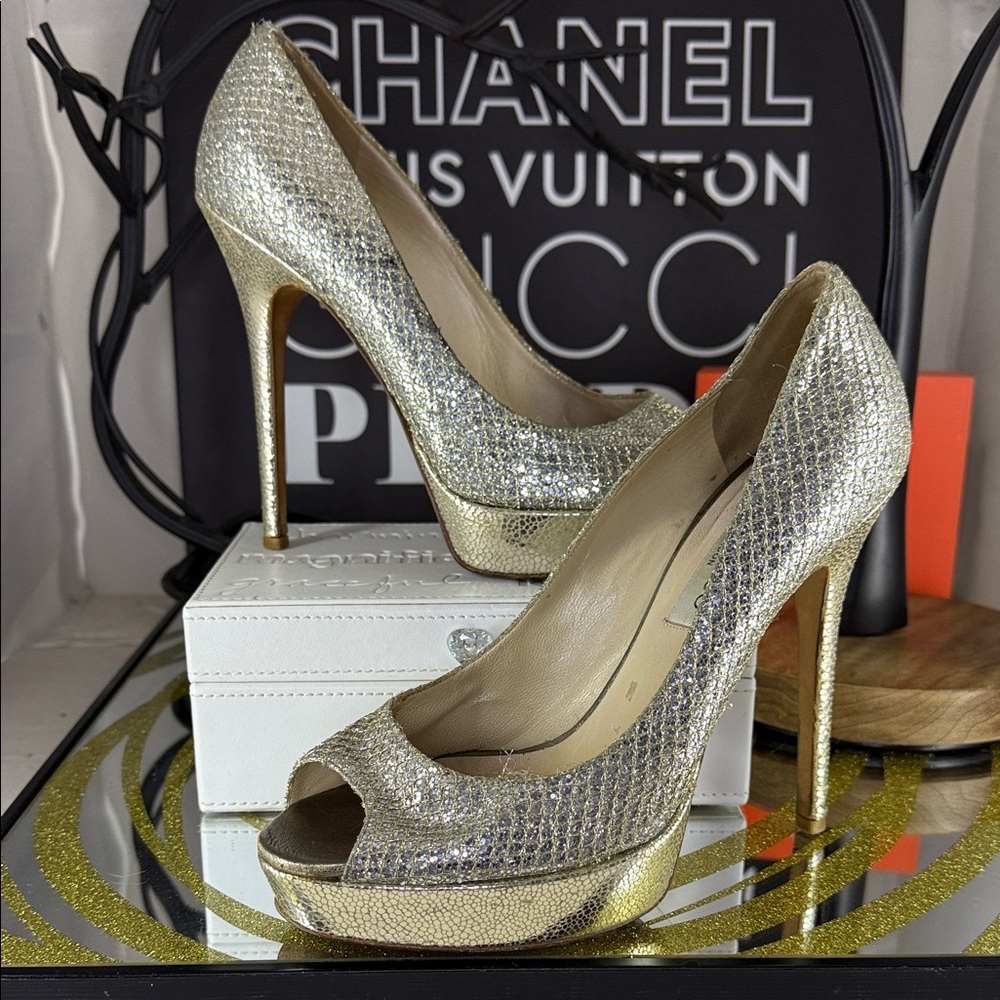 Jimmy Choo Shimmering Silver and Gold Heels 38 = 7.5/8